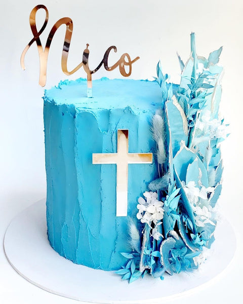 Custom Name Christening Script Acrylic Cake Topper & Cross Cake Charm Plaque