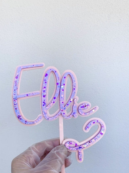 Double Layered Pastel Iridescent Glitter Custom Name Birthday Cake Topper & Number Cake Plaque Charm