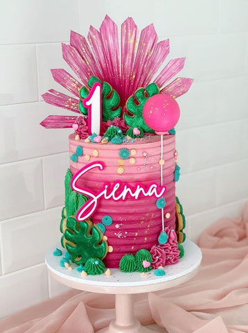 Tropical Hot Pink Double Layered Birthday Custom Name Fropper & Number Topper Set