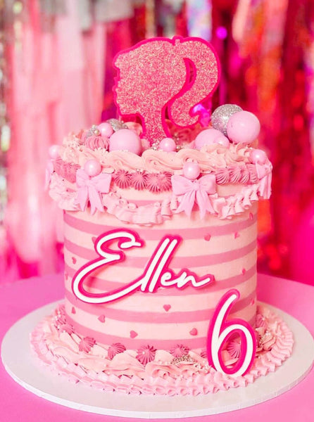 Double Layered Hot Pink Glitter Doll Inspired Topper With Custom Name and Number Birthday Acrylic Cake Fropper Charms
