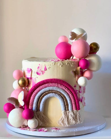 Boho Pink Bright Pink Pastel Rainbow Macrame Cake Topper