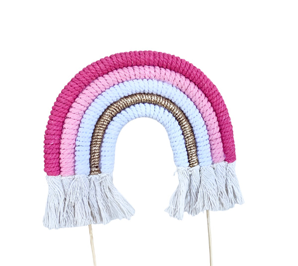 Boho Pink Bright Pink Pastel Rainbow Macrame Cake Topper