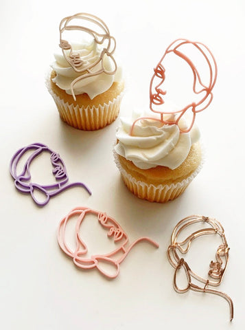 Woman With Earring Line Art Acrylic Cupcake Charms - Set of 3
