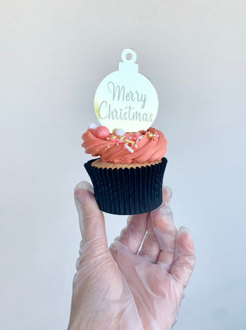 Merry Christmas Bauble Gold Mirror Cupcake Charms Plaques Set of 10