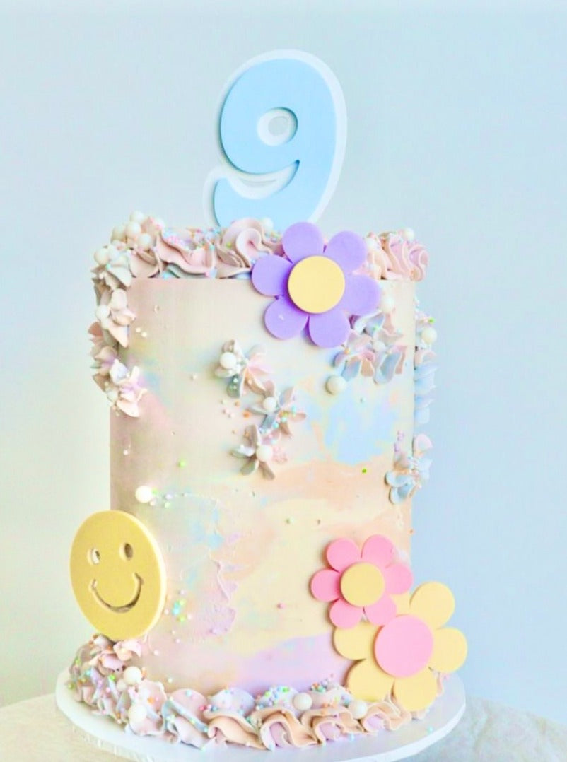 Retro Love & Peace Flower Smile Cake Charm and Custom Number Name Cake Topper Set
