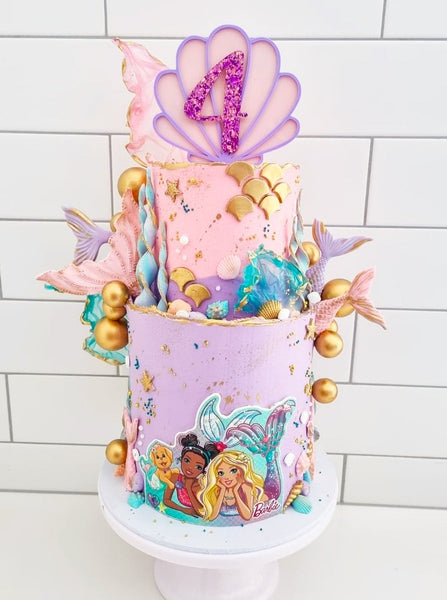 Pastel Purple Glitter Mermaid Under The Sea Shell Custom Name and Number Acrylic Cake Topper