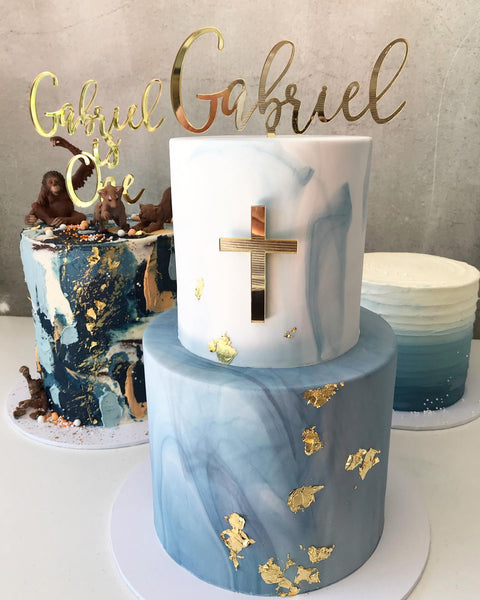 Custom Name Christening Script Acrylic Cake Topper & Cross Cake Charm Plaque