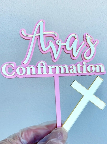 Custom Double Layered Name Christening Baptism Confirmation Cake Topper &  Cross Charm Set