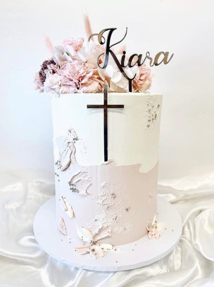Script Custom Name Christening Script Acrylic Cake Topper & Thin Cross Cake Charm Set
