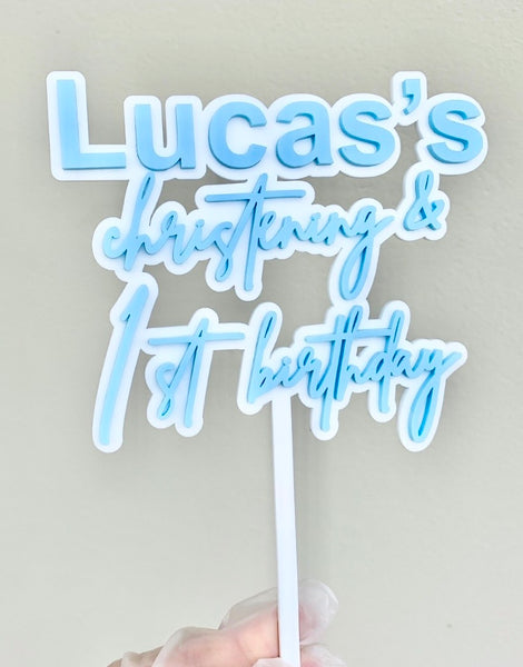 Custom Name Christening Baptism Holy Communion & 1st Birthday Double Layered Cake Topper
