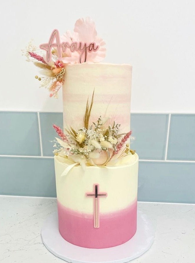 Script Religious Double Layered Custom Name Cake Topper & Cross Charm Set