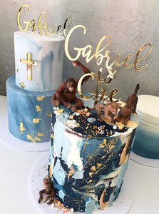Gabriel is One Boys Blue Safari Party Custom Name & Age Script Birthday Cake Topper