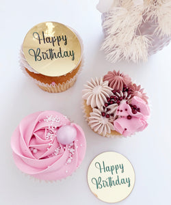 Happy Birthday Circle Gold Silver Rose Gold Mirror Cupcake Charms Plaques Set of 10