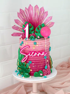 Tropical Hot Pink Double Layered Custom Name & Number Birthday Cake Plaque Charm Set
