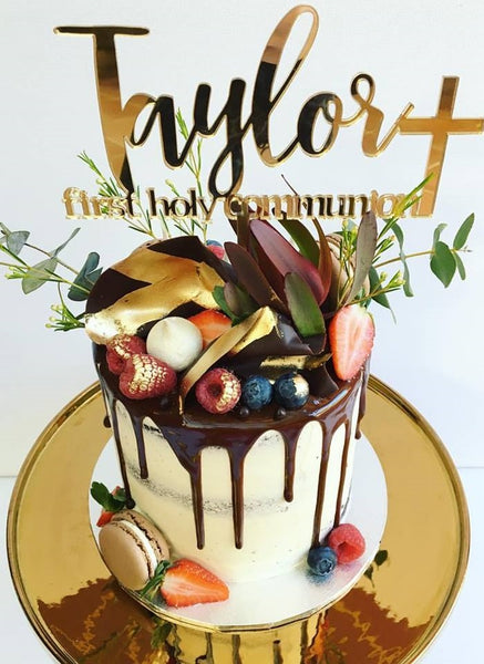 Custom Single Name First Holy Communion Modern with Cross Cake Topper