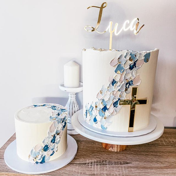 Custom Name Christening Script Acrylic Cake Topper & Cross Cake Charm Plaque