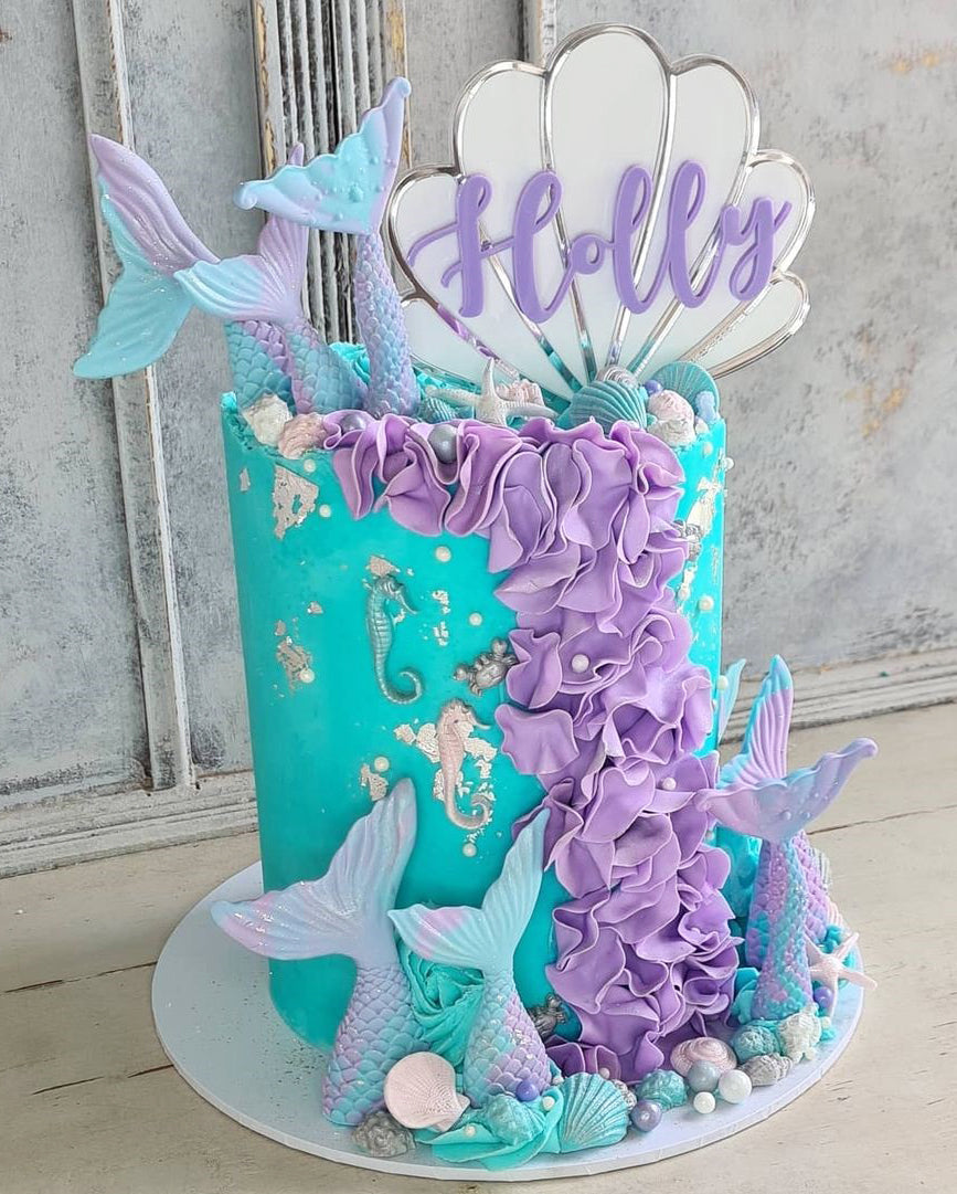 Pastel Violet Mermaid Theme Shell Custom Name Birthday Cake Topper