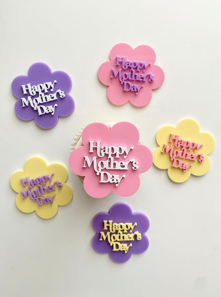 Retro Pastel Flower Double Layered Happy Mother's Day Set of 2 Acrylic Cupcake Charms