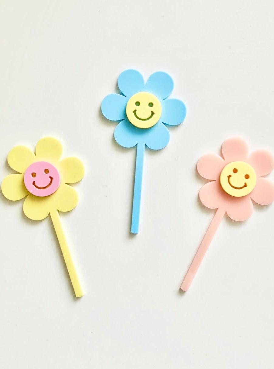 Retro Pastel Smile Face Flower Double Layered Acrylic Cake Topper