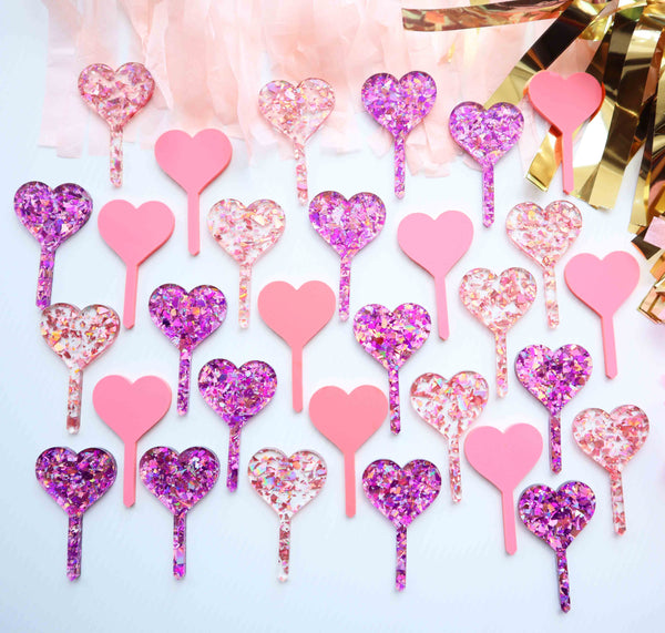 Heart Confetti Glitter Mirror Acrylic Cupcake Toppers Set of 12