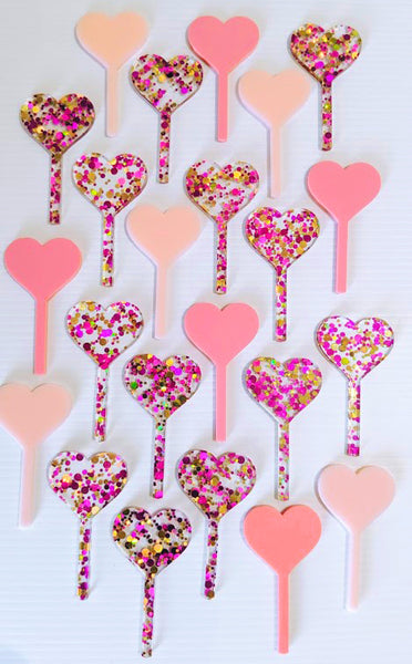 Heart Confetti Glitter Mirror Acrylic Cupcake Toppers Set of 12
